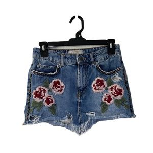 Free People Distressed Denim Jean Studded Wild Rose Floral Embroidered Skirt